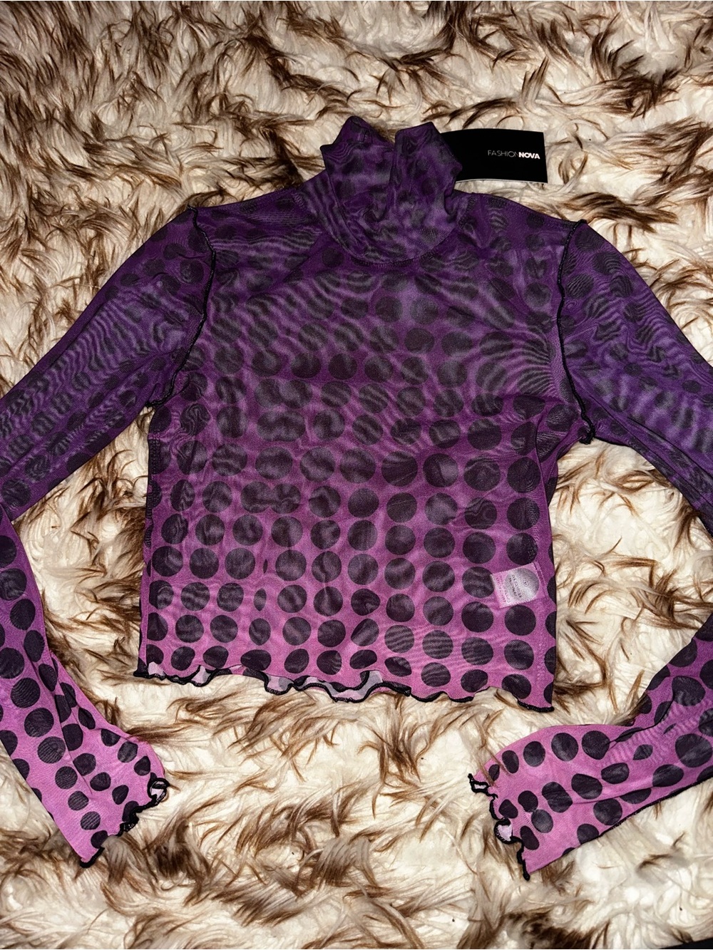 Fashion Nova Purple Polka Dot Sheer Mesh Turtleneck Long Sleeve Top